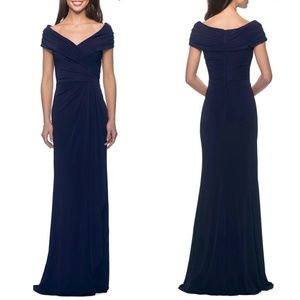NEW La Femme 26519 Off Shoulder Draped Ruched Floor Length Gown in Navy